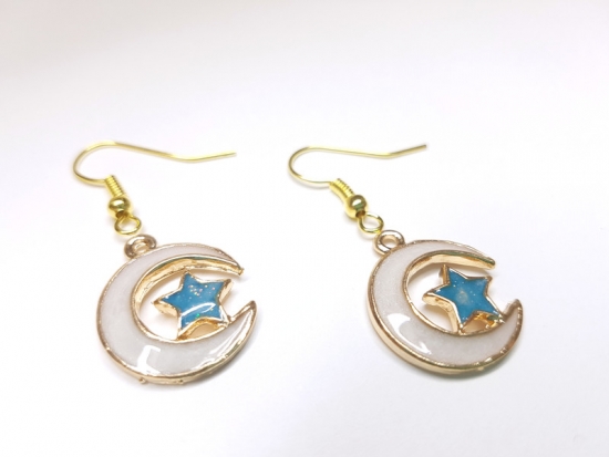 Preview: Mond und Stern Ohrringe hell goldfarben türkis